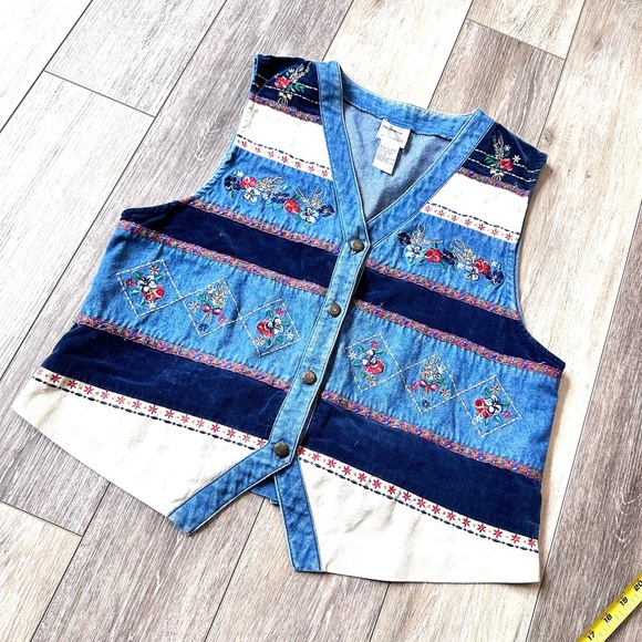 Koret Jackets & Blazers - Embroidered Denim Vest with Floral Accents Size L
